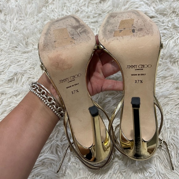 Jimmy Choo Metz 110MM Metallic Leather Stiletto Sandals - Size 37 1/2 US 7 - Picture 11 of 11